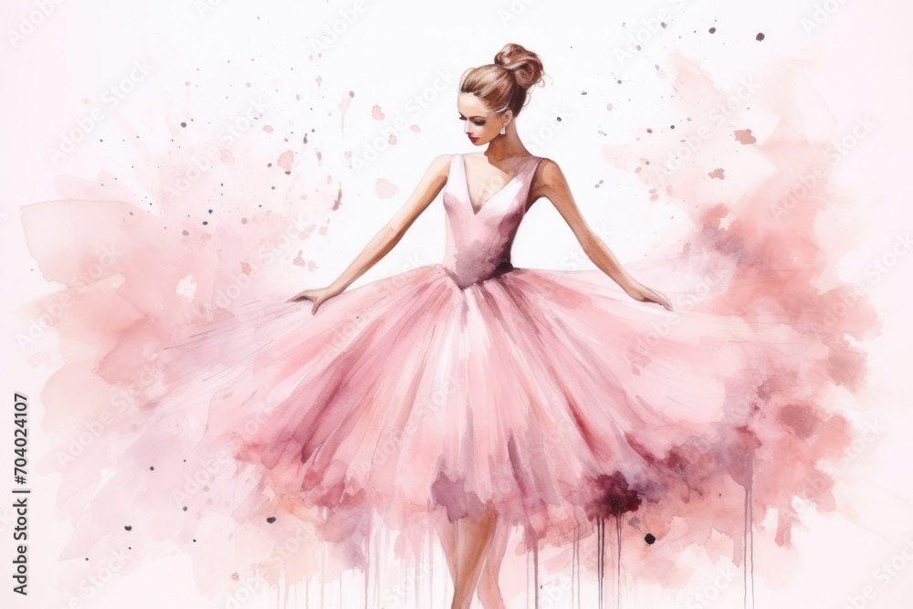 a watercolor painting of a ballerina in a pink dress with her hands ...