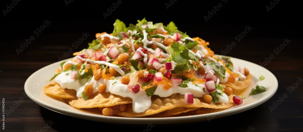India's popular street food, papdi chaat, shown on a plate with focused attention. India's popular street food, papdi chaat, shown on a plate with focused attention.