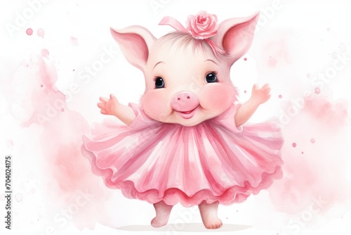  a little pig in a pink dress with a pink flower on its head and a pink dress around its neck, standing in front of a pink watercolored background. photo