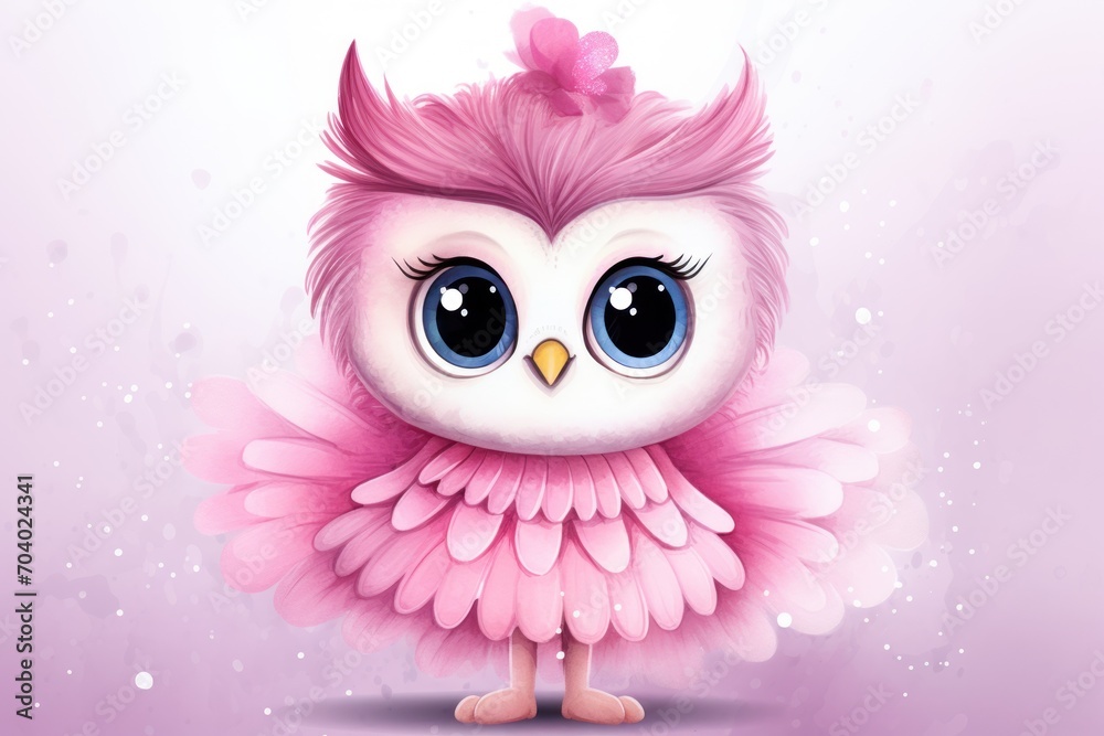  a pink owl with big blue eyes and a pink bow on its head is standing in front of a pink background with stars and bubbles in the shape of the shape of a.
