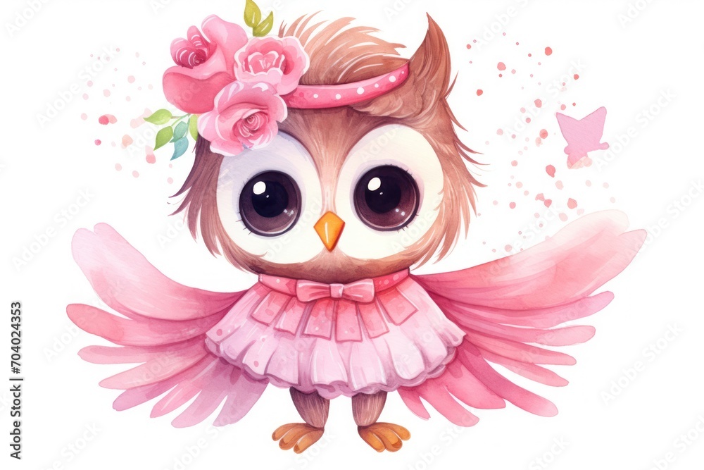  a watercolor painting of an owl wearing a pink dress with a flower in its hair and a pink ribbon around its neck, with a pink flower in her hair.