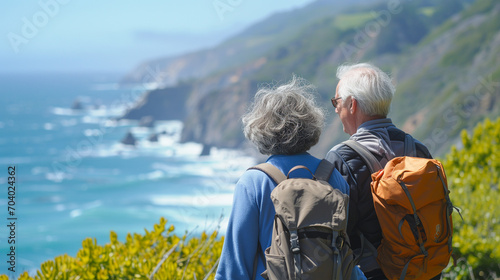 Older couple hiking at the coast