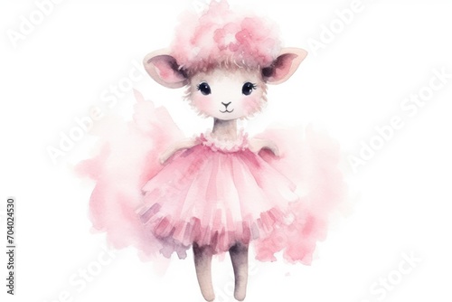  a watercolor painting of a sheep wearing a pink tutu and a tutu skirt, standing in front of a white background, wearing a pink tutult.