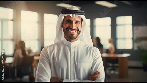Young smiling professional arab man in thawb standing in office room and looking at camera photo