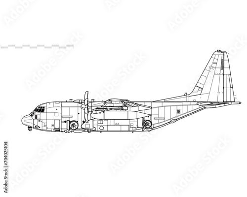 Lockheed AC-130J Ghostrider with GBU-39 Small Diameter Bomb. Close air support gunship for SOF teams. Side view. Image for illustration and infographics.