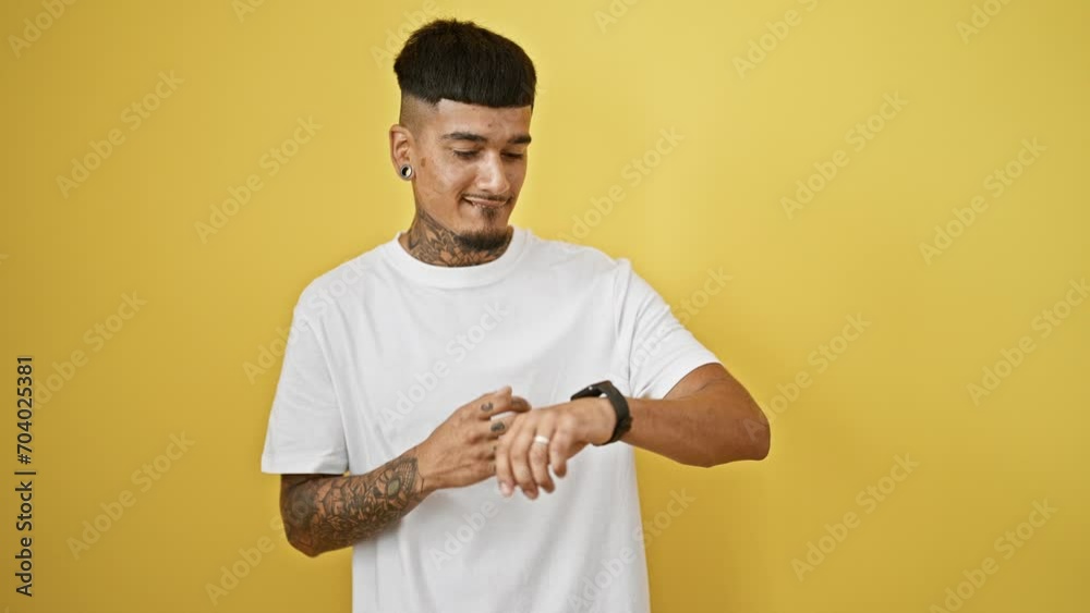 Joyful tattooed latin man, standing confidently with a cool smile. young, happy adult looking at his watch against a yellow isolated background, embodying positive lifestyle. Joyful tattooed latin man, standing confidently with a cool smile. young, happy adult looking at his watch against a yellow isolated background, embodying positive lifestyle.