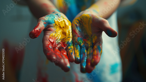 Paint-smeared hands of an artist at work. photo