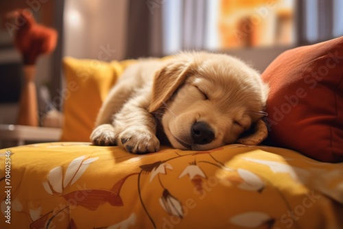  a close up of a dog laying on a bed with its head on a pillow with its eyes closed and it's head resting on its paws on a pillow. photo