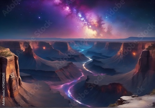 A canyon  a dried up river bed with very steep slopes  with an unusually beautiful night sky
