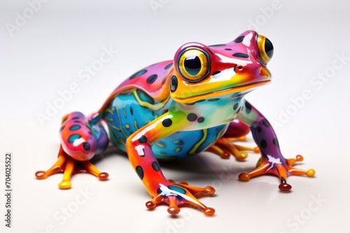  a brightly colored frog sitting on top of a white table next to a green and red frog with black spots on it's legs and a white back ground.