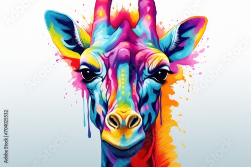  a close up of a giraffe's face with paint splatters on it's face and a white background with a blue sky in the background.