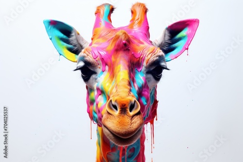  a close up of a giraffe's face with a lot of paint on it's face and it's neck and it's head.