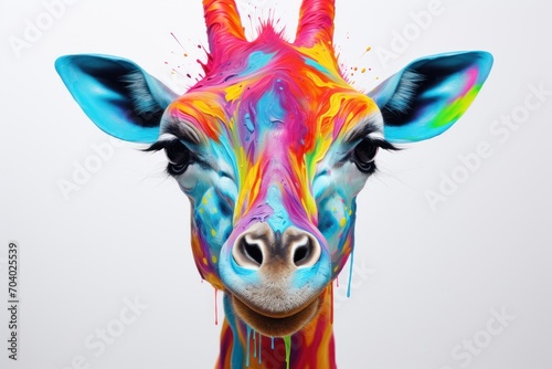  a close up of a giraffe's face with multicolored paint on it's face and it's face is looking at the camera.