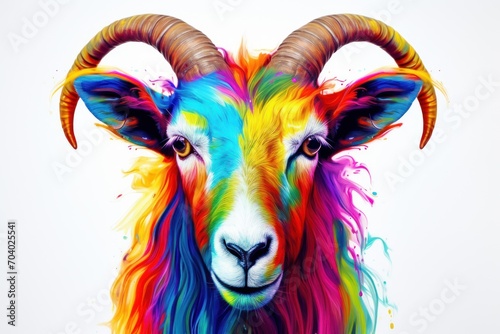  a painting of a goat with multi - colored paint on it's face and horns, looking at the camera with a serious look on its face, with a white background. © Shanti