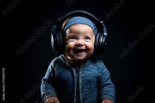 portrait of a crazy baby in headphones on a black background photo