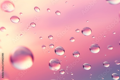  a close up view of water droplets on a pink, blue, and purple background with a blurry image of the sky and the water droplets on the left side of the glass.