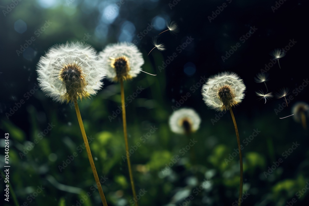 a group of dandelions blowing in the wind on a sunny day in a field of green grass with a blurry background of trees in the foreground. a group of dandelions blowing in the wind on a sunny day in a field of green grass with a blurry background of trees in the foreground.