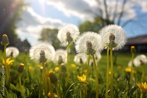  a field full of dandelions with the sun shining through the clouds in the background and a house in the distance with a blue sky in the foreground.