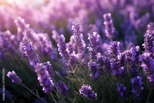  a field of lavender flowers with the sun shining through the leaves and the flowers in the foreground are soft focus on the foreground  while the background is blurry.