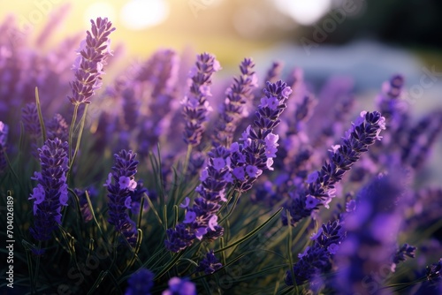  a field of lavender flowers with the sun shining through the trees in the backgrounnd of the photo, with a blurry background of the grass in the foreground and the foreground.