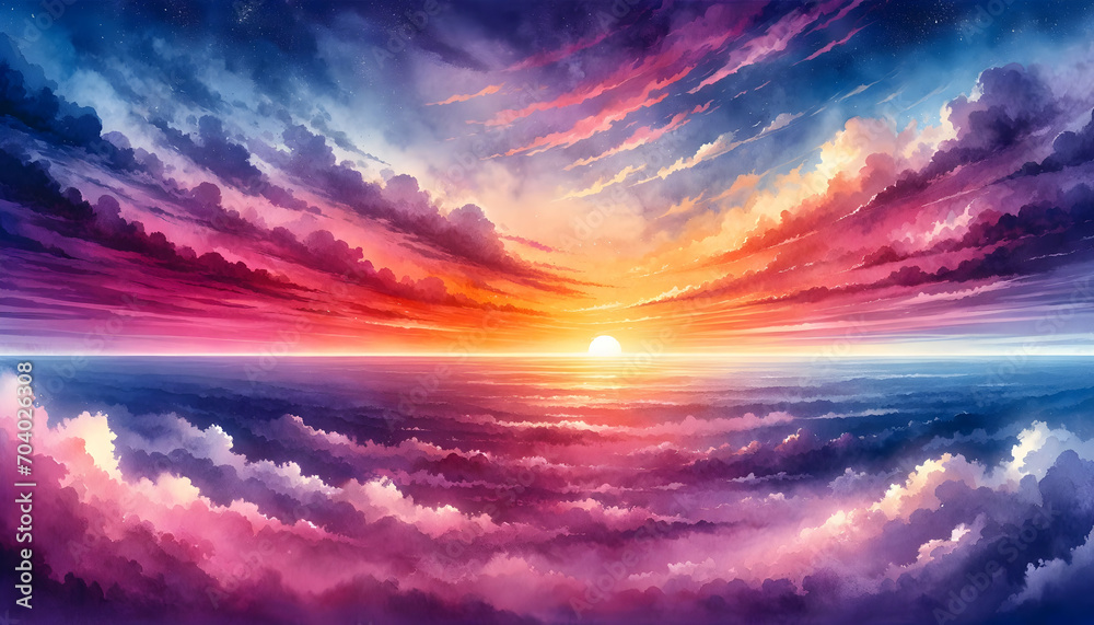 A background featuring abstract clouds in the sky with either a sun or sunset landscape, created using a watercolor technique to achieve a colorful background