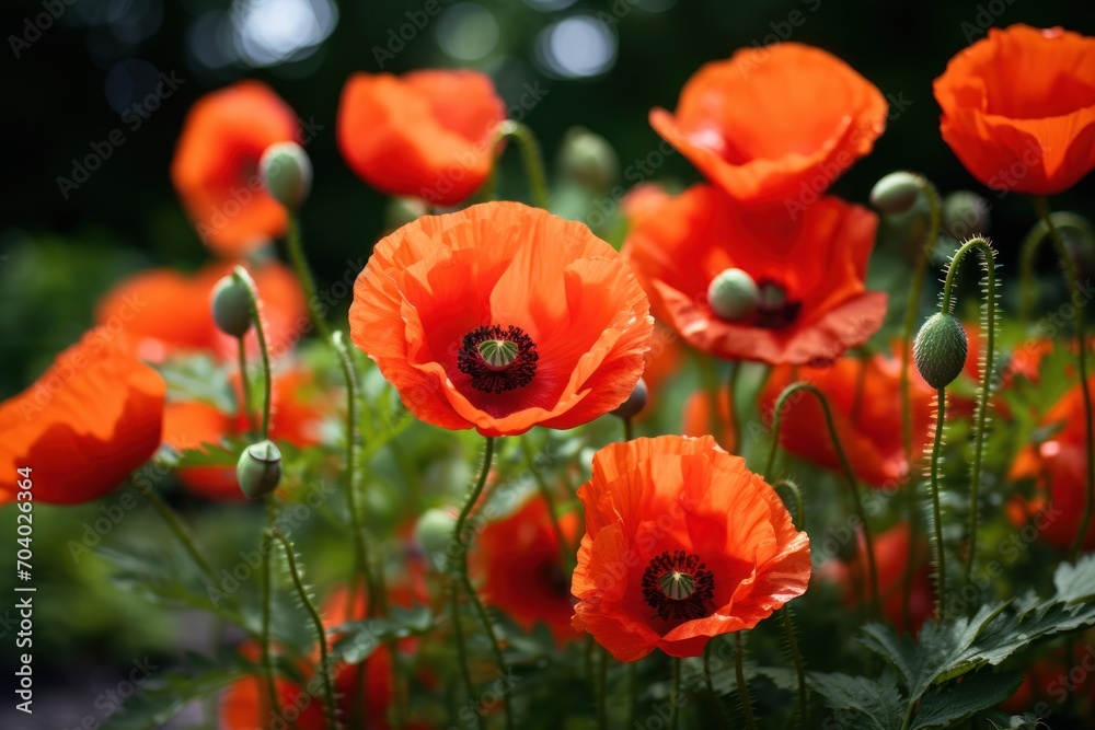 a close up of a bunch of flowers in a field with green stems and red flowers in the middle of the frame, with a blurry background of trees in the background. a close up of a bunch of flowers in a field with green stems and red flowers in the middle of the frame, with a blurry background of trees in the background.