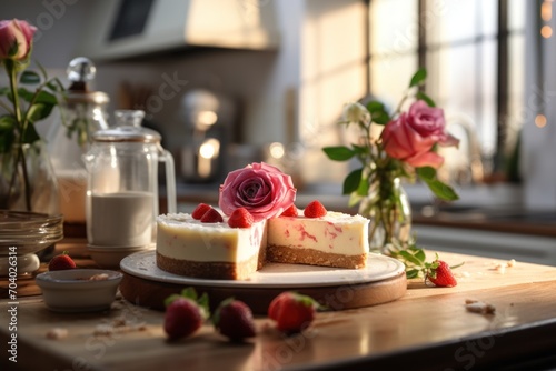  a piece of cheesecake sitting on top of a wooden cutting board next to a vase of flowers and a bottle of milk and a glass of milk on a table.