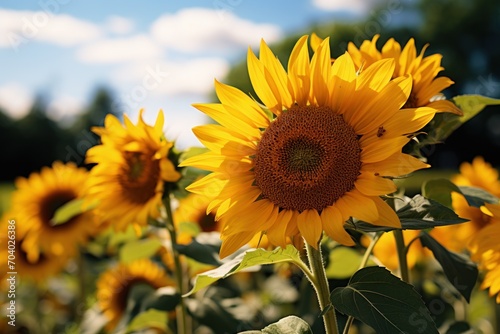  a field of sunflowers with a blue sky and clouds in the background of the picture and a few clouds in the sky above the sunflowers.