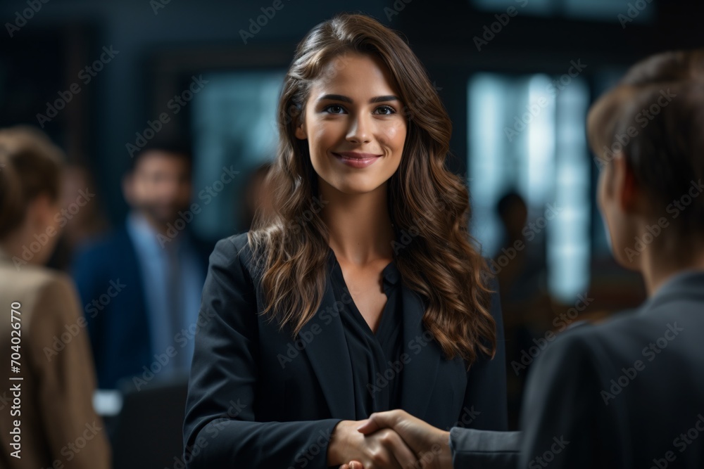 A charming young entrepreneur exchanging greetings with a unidentified coworker in a conference room. A charming young entrepreneur exchanging greetings with a unidentified coworker in a conference room.