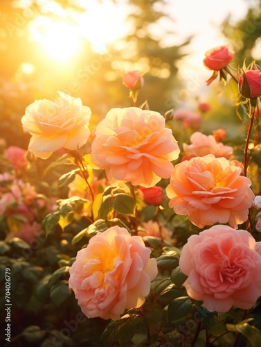  a group of pink roses growing in a garden with the sun shining through the trees and behind them is a field of pink and red roses with green leaves in the foreground.