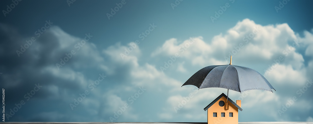 A miniature wooden house under an umbrella on a table, set against a gray background, with available copy space. Symbolizing the concept of home insurance