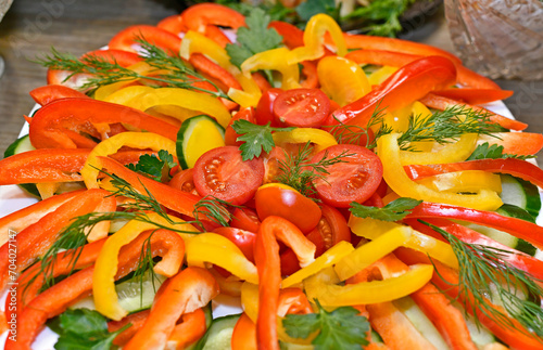 Salad is a cold dish consisting of one type or a mixture of different types of combined chopped products in a dressing.