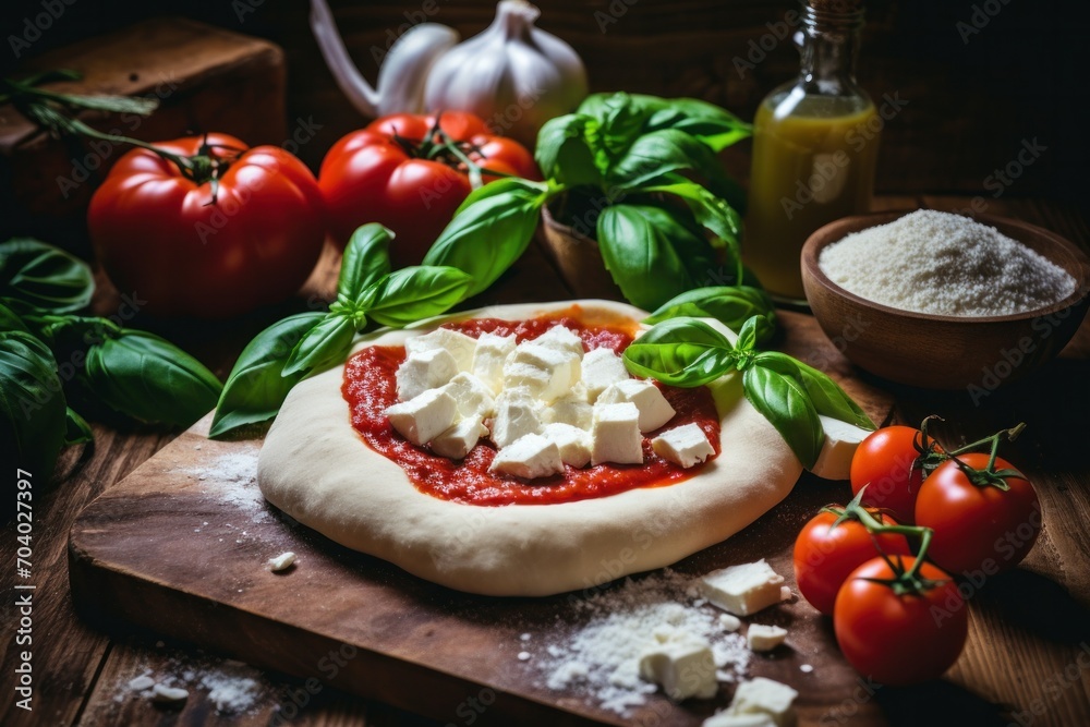 Homemade Italian pizza with fresh mozzarella, basil and tomato sauce for a delicious country dinner. Homemade Italian pizza with fresh mozzarella, basil and tomato sauce for a delicious country dinner.