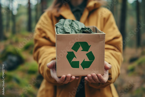 woman holding a recyclable cardboard box with a recycle symbol, against a backdrop of lush forest greenery