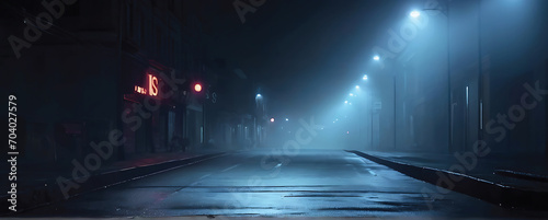 City street at night with fog and lights photo