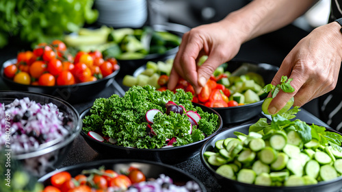 hands preparing a salad with fresh vegetables. There are tomatoes, cucumbers, kale, lettuce, and radishes, arranged in bowls, ready for eating