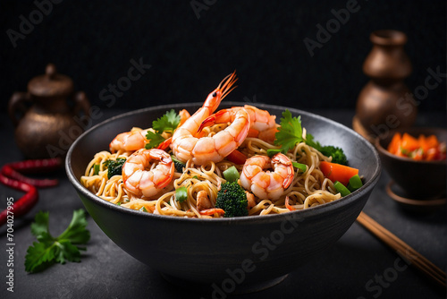 Asian noodles with prawns and vegetables are served in a bowl on a dark background.