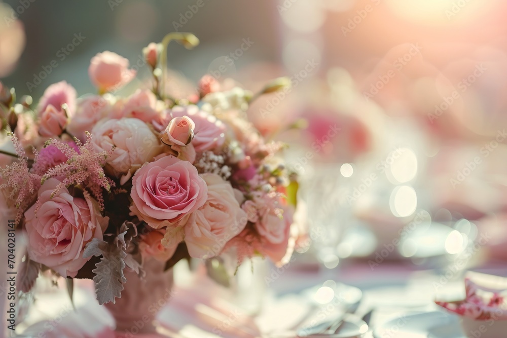 a close up of a vase of flowers on a table with other plates and utensils on the table and a cup on the table in the foreground. a close up of a vase of flowers on a table with other plates and utensils on the table and a cup on the table in the foreground.