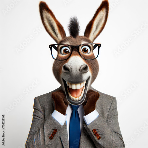 Donkey wearing business suit and glasses smiling surprised with Huge Eyes, wide angle shot. ai generative