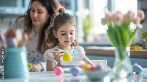 Little girl paints Easter eggs with mother.