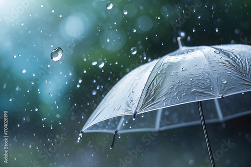 Umbrella in the rain with nature background. Rainy weather concept.