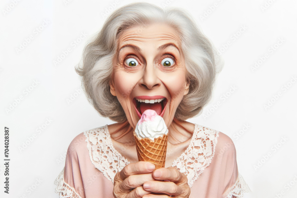 funny Happy old woman hold and eating ice cream surprised with Huge Eyes, wide angle shot. ai generative funny Happy old woman hold and eating ice cream surprised with Huge Eyes, wide angle shot. ai generative