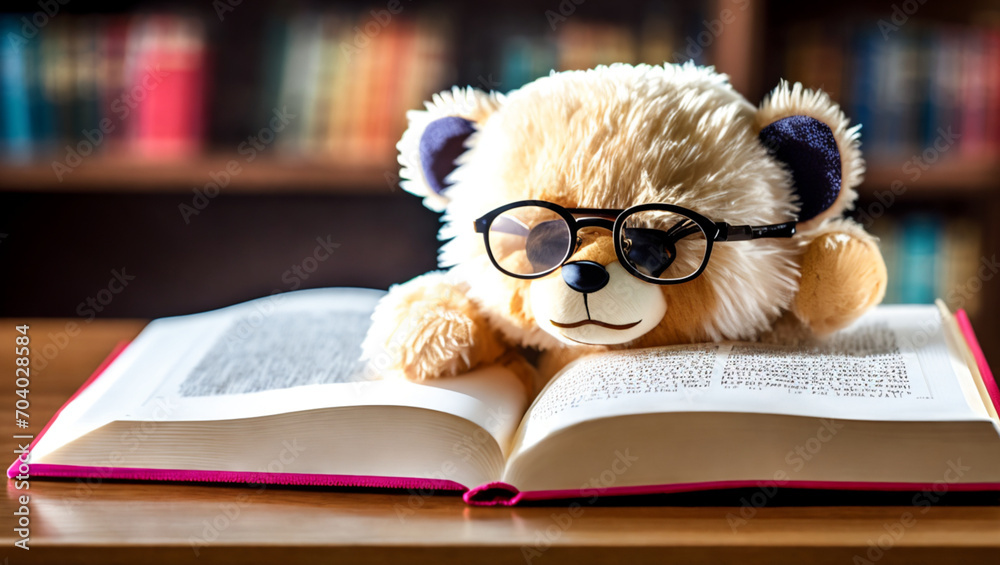 Teddy bear with glasses reading in a library.