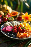 Beautifully sliced tropical fruits on a plate