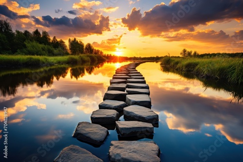  the sun is setting over a body of water with rocks in the foreground and a line of stepping stones in the middle of the water in the foreground. photo