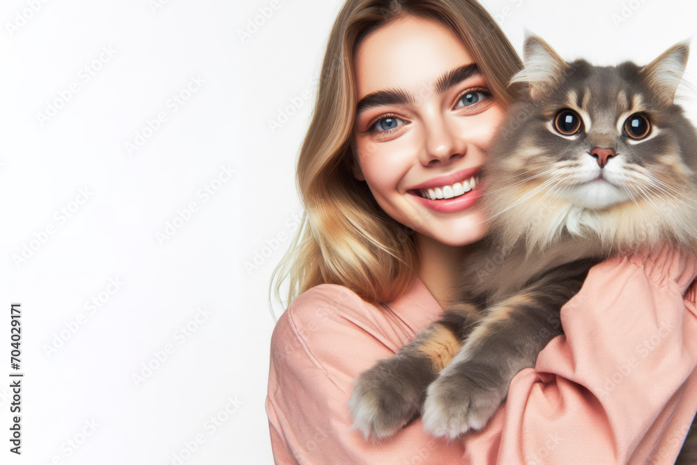 happy cat owner woman smiling holding his cat in arm with Huge Eyes on solid white background. ai generative happy cat owner woman smiling holding his cat in arm with Huge Eyes on solid white background. ai generative