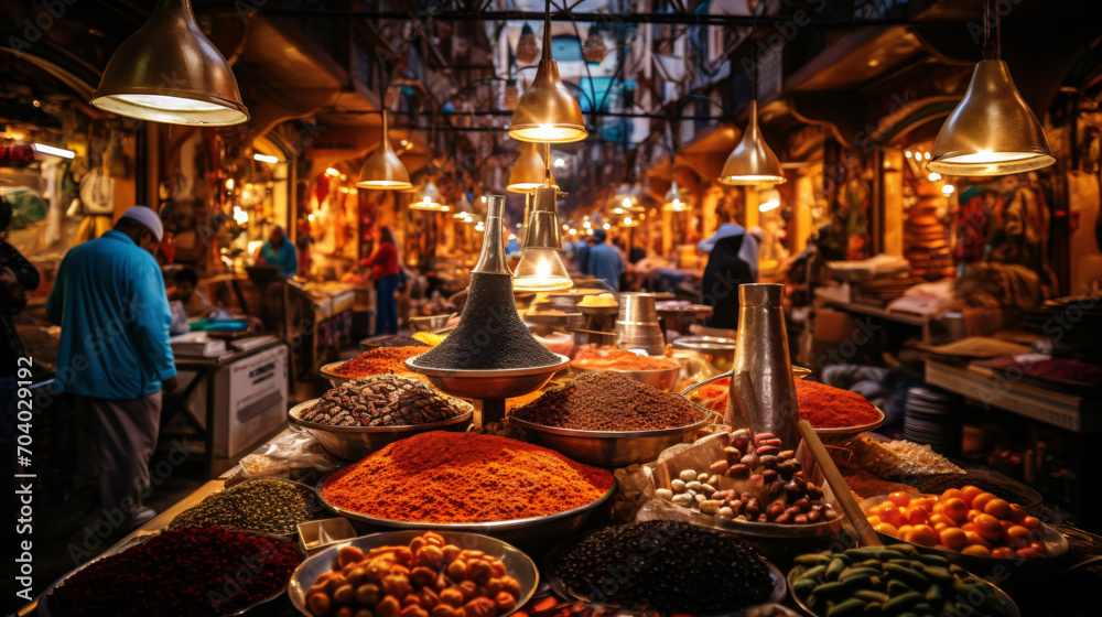 A bustling marketplace in a Middle Eastern city with vibrant stalls spices and textiles.