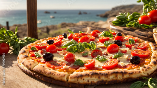 italianpizza with tomatoes, olives, basil on the seashore
