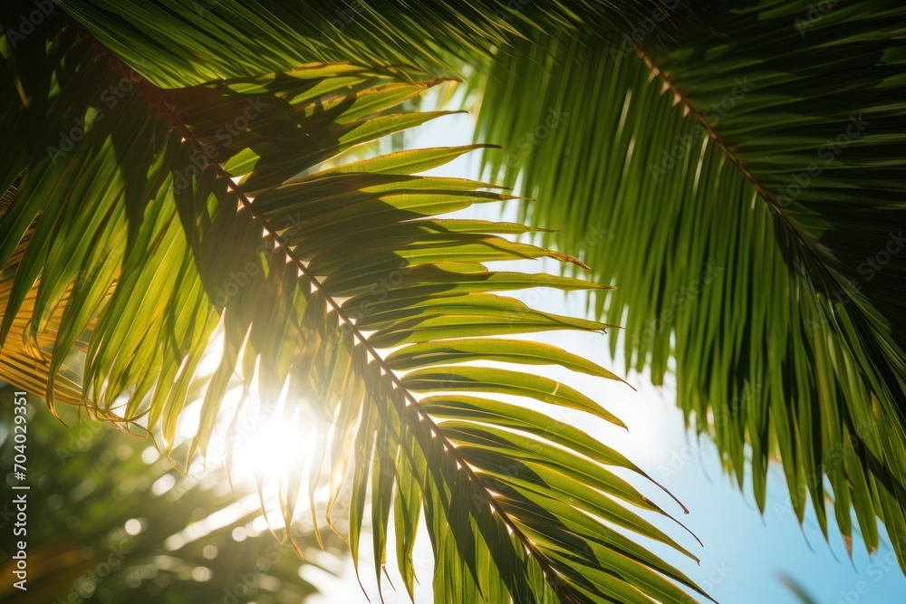 a close up of a palm tree with the sun shining through the leaves of the palm tree in the foreground, and a bright blue sky in the background. a close up of a palm tree with the sun shining through the leaves of the palm tree in the foreground, and a bright blue sky in the background.