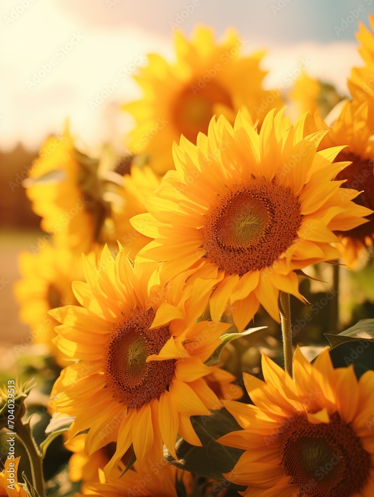 a bunch of sunflowers in a field with the sun shining through the leaves and the sky in the background, with a field in the foreground of the foreground. a bunch of sunflowers in a field with the sun shining through the leaves and the sky in the background, with a field in the foreground of the foreground.